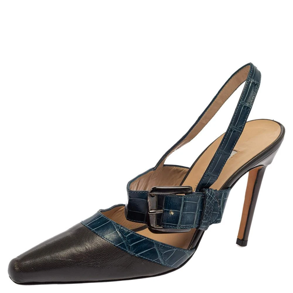 Manolo Blahnik Manolo Blahnik Grey/Blue Croc Embossed And Leather Slingback Sandals Size 37 1