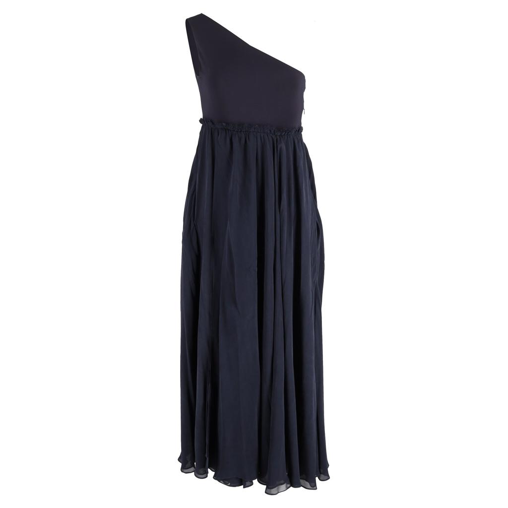 PIERRE BALMAIN Maxi One-Shoulder Sleeve Dress in Navy Blue Polyester and Cotton