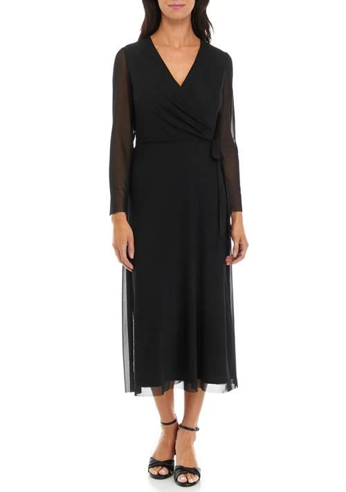 Anne Klein Women's Long Sleeve V-Neck Solid Fit and Flare Midi Dress 1