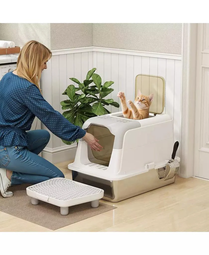 PawHut Stainless Steel Litter Box with Lid, Extra Large Cat Litter Box 2