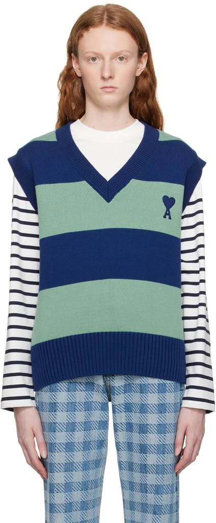 AMI Paris SSENSE Exclusive Green & Navy Ami de Cœur Vest 1