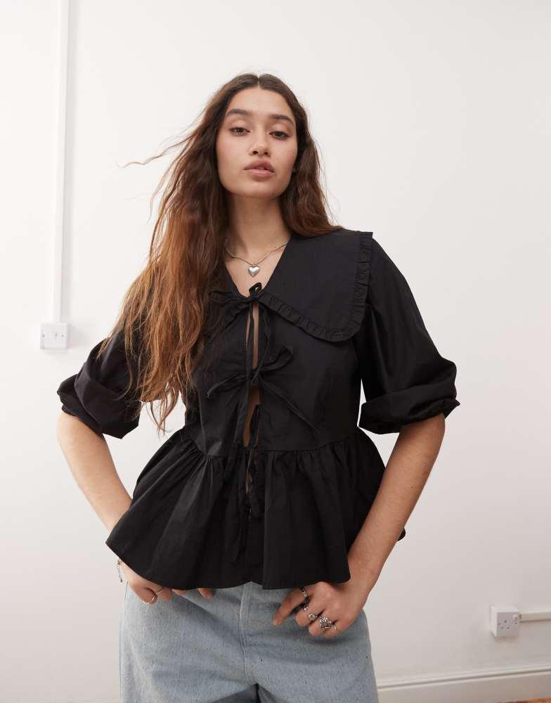 Monki Monki long sleeve frill collared peplum blouse in black