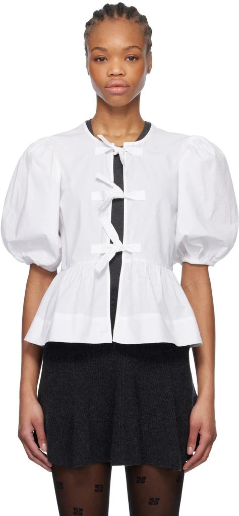 Ganni White Cotton Poplin Peplum Tie Blouse 1
