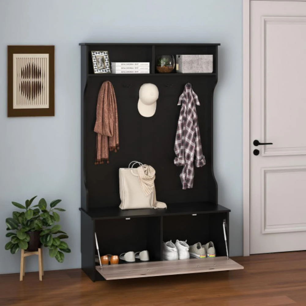 Hivvago 3 in 1 Coat Rack with Entryway Bench and Hooks and Enclosed Cabinet-Black