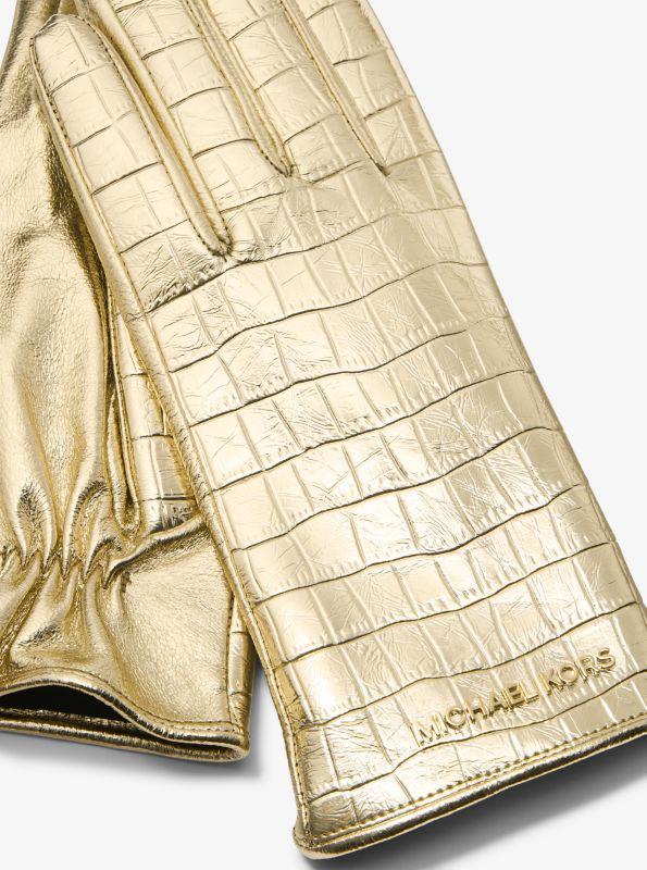 Michael Kors Metallic Crocodile Embossed Leather Gloves