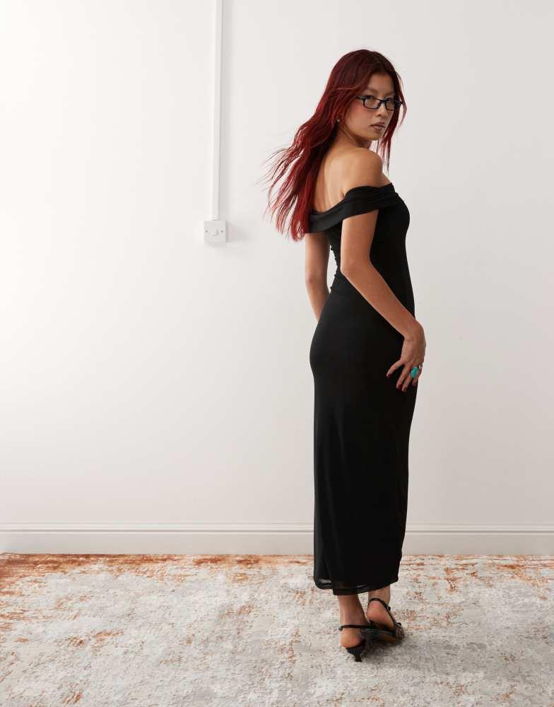 Motel Motel tarna slinky mesh off-shoulder maxi dress in black