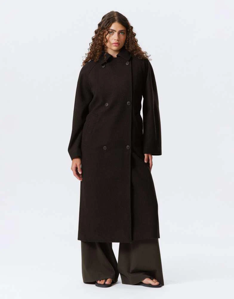 Weekday Weekday Kia wool blend oversized coat with tie waist detail in dark brown melange 1