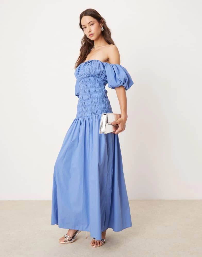 Abercrombie & Fitch Abercrombie & Fitch off the shoulder smocked low waist maxi dress in blue tile print 1