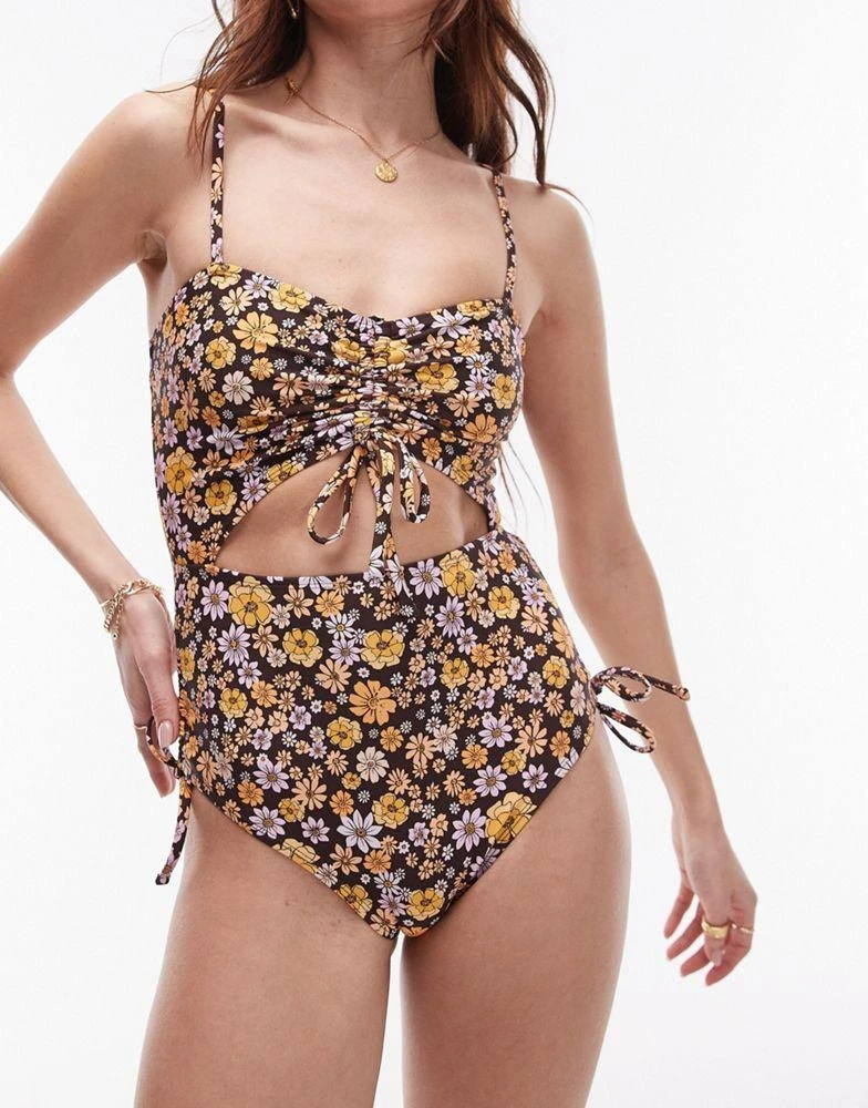Topshop Topshop cut out ruche side swimsuit in brown ditsy floral print 4