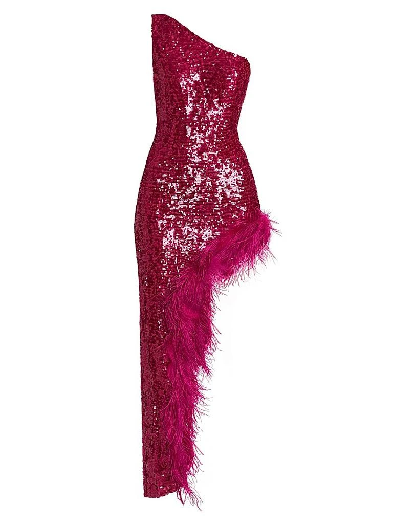 LAPOINTE Sequin Feather One-Shoulder Midi Dress 1