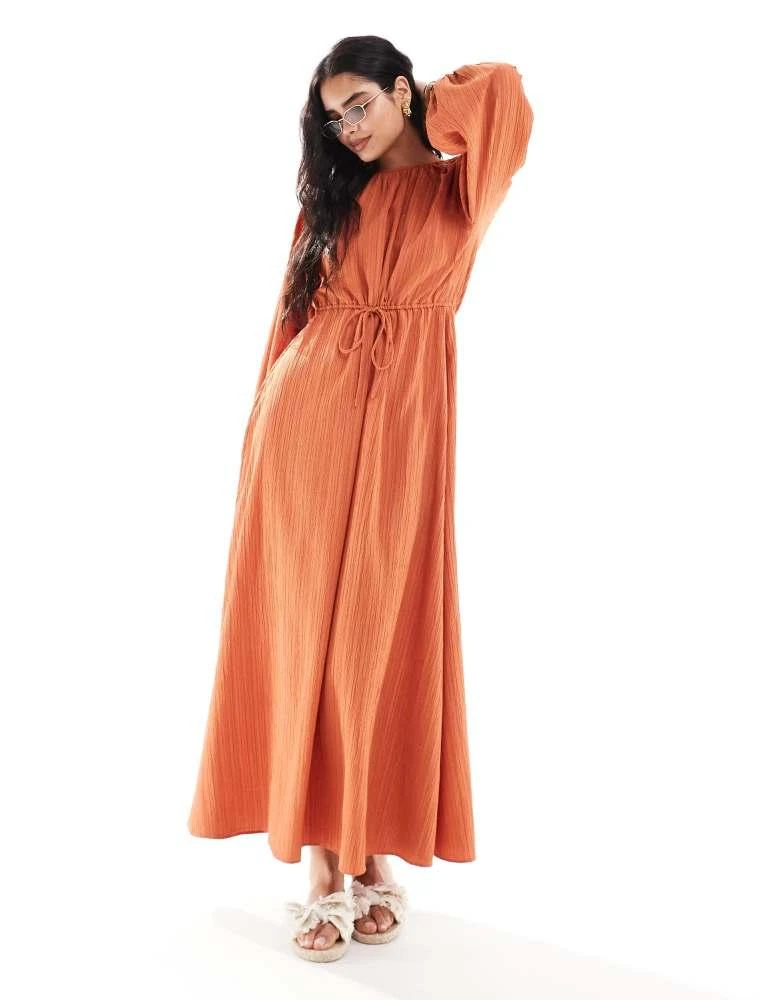 ASOS ASOS DESIGN raglan sleeve belt detail crinkle maxi dress in rust 1