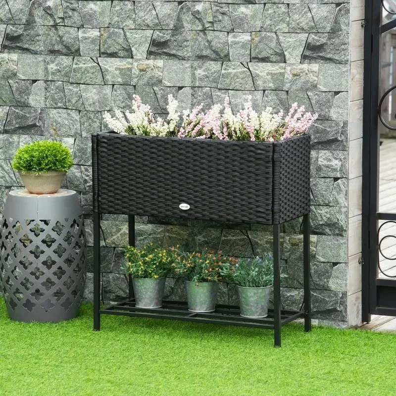 Hivvago Black Modern PE Rattan Wicker Raised Garden Bed Elevated Planter Box 2
