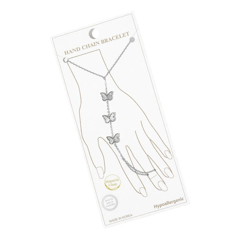 FASHNZFAB White Gold Dipped Mother of Pearl Butterfly Charm Link Hand Chain Magnetic Bracelet 2
