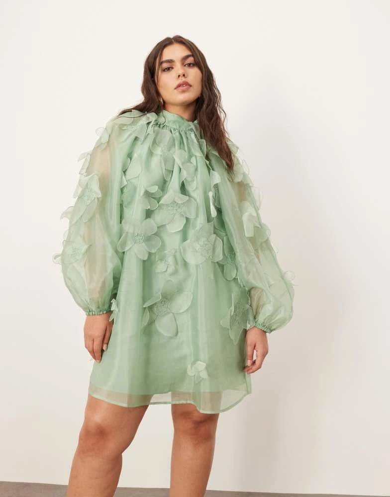 ARRANGE ARRANGE Curve applique organza floral high neck trapeze mini dress in Light Green - Light Green - UK 28