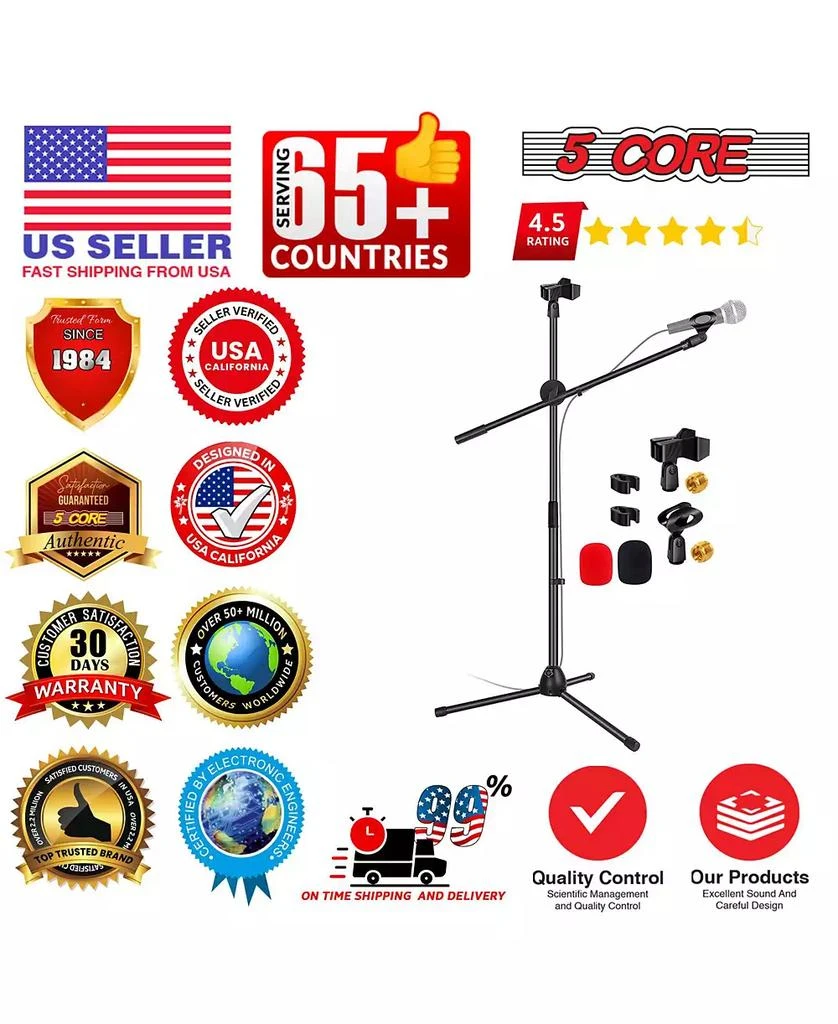 5 Core Mic Stand Floor Height Adjustable Tripod Microphone Stands w Extending Telescoping Boom Arm - MS DBL 4