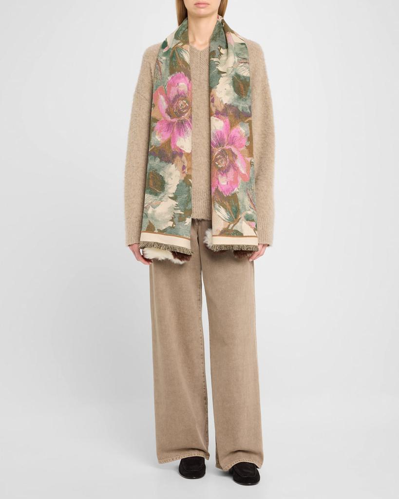La Fiorentina Floral-Print Scarf W/ Faux Fur Poms