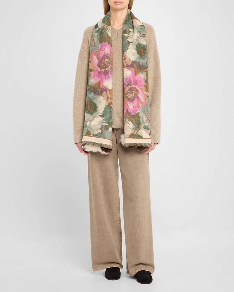 La Fiorentina Floral-Print Scarf W/ Faux Fur Poms 2