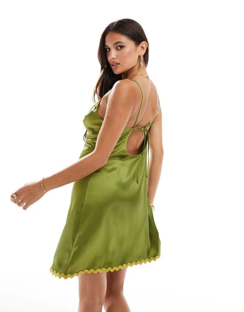 ASOS ASOS DESIGN satin mini slip dress with contrast rik rak trim in olive 4