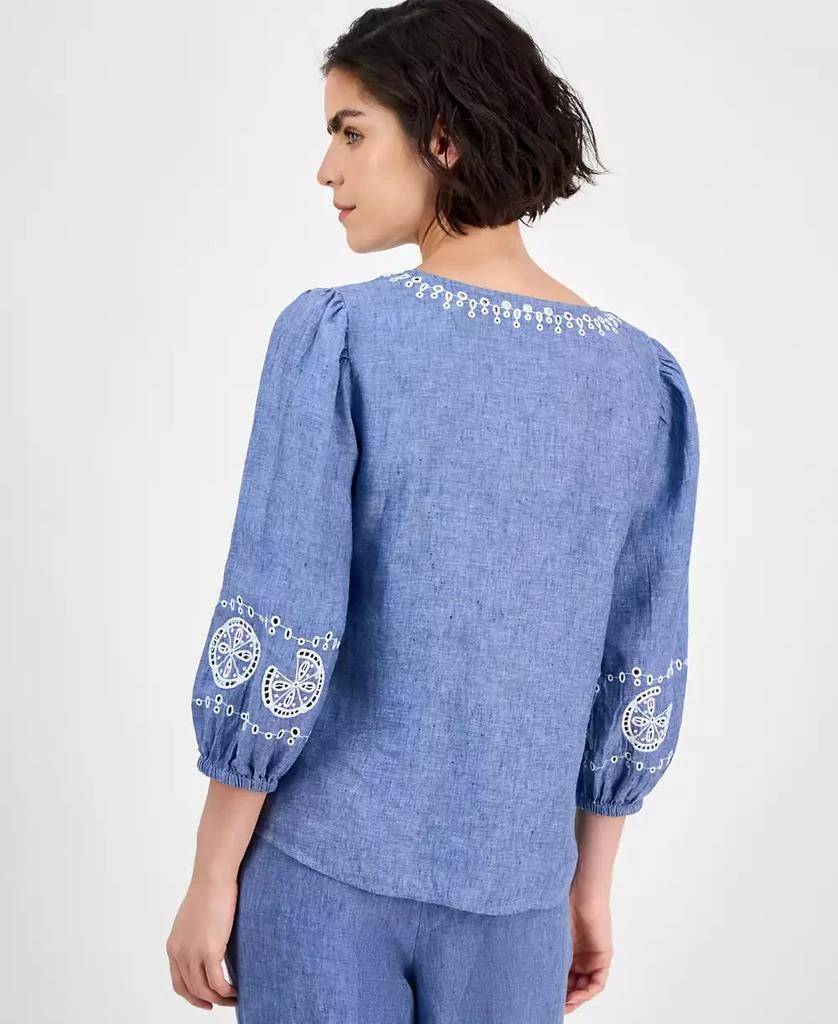 Charter Club Women's Embroidered Woven 100% Linen Eyelet Top, Exclusively at Macy's 4