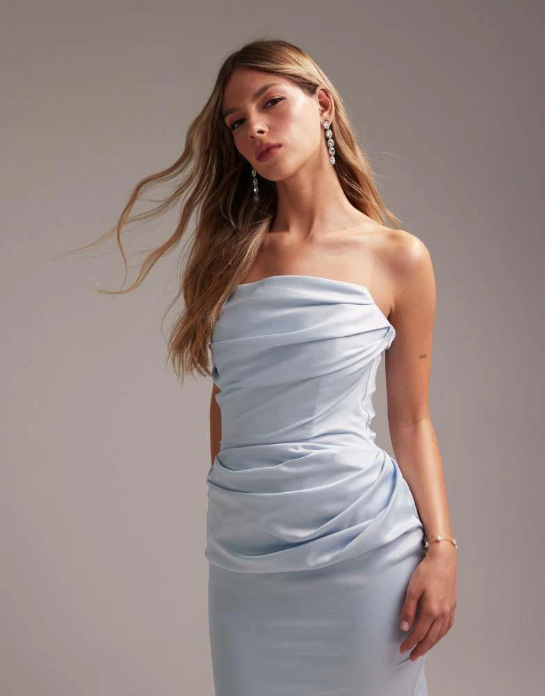 ASOS Design satin bandeau bridesmaid maxi dress in light blue ASOS Design satin bandeau bridesmaid maxi dress in light blue