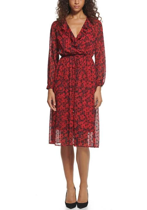 Tommy Hilfiger Hilfiger Women S Long Sleeve Ruffle V Neck Smocked Waist Chiffon Midi Dress 1