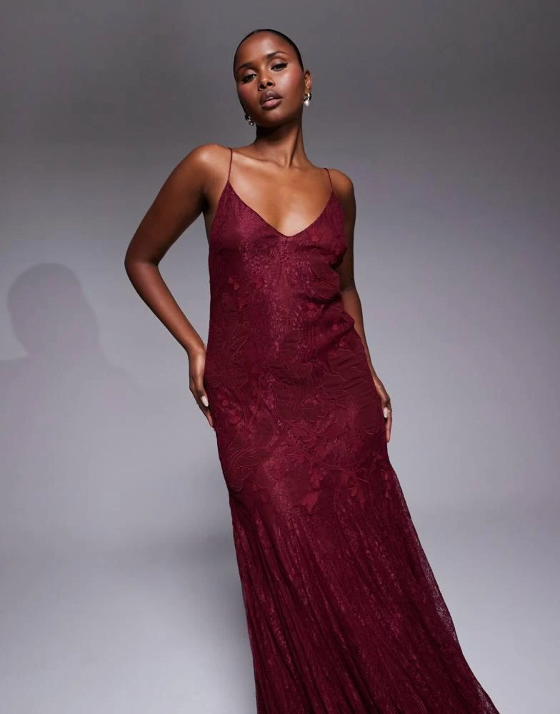 ASOS Design floral embroidered lace maxi dress with godet hem in burgundy