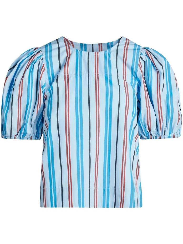 Ganni Stripe Print Organic Cotton Blouse In Brilliant Blue 2
