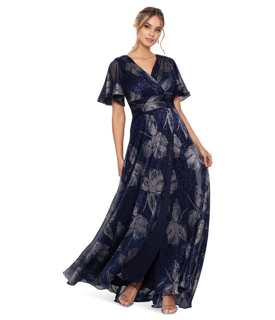 Betsy & Adam Long Flutter Sleeve Foil Print Gown 1