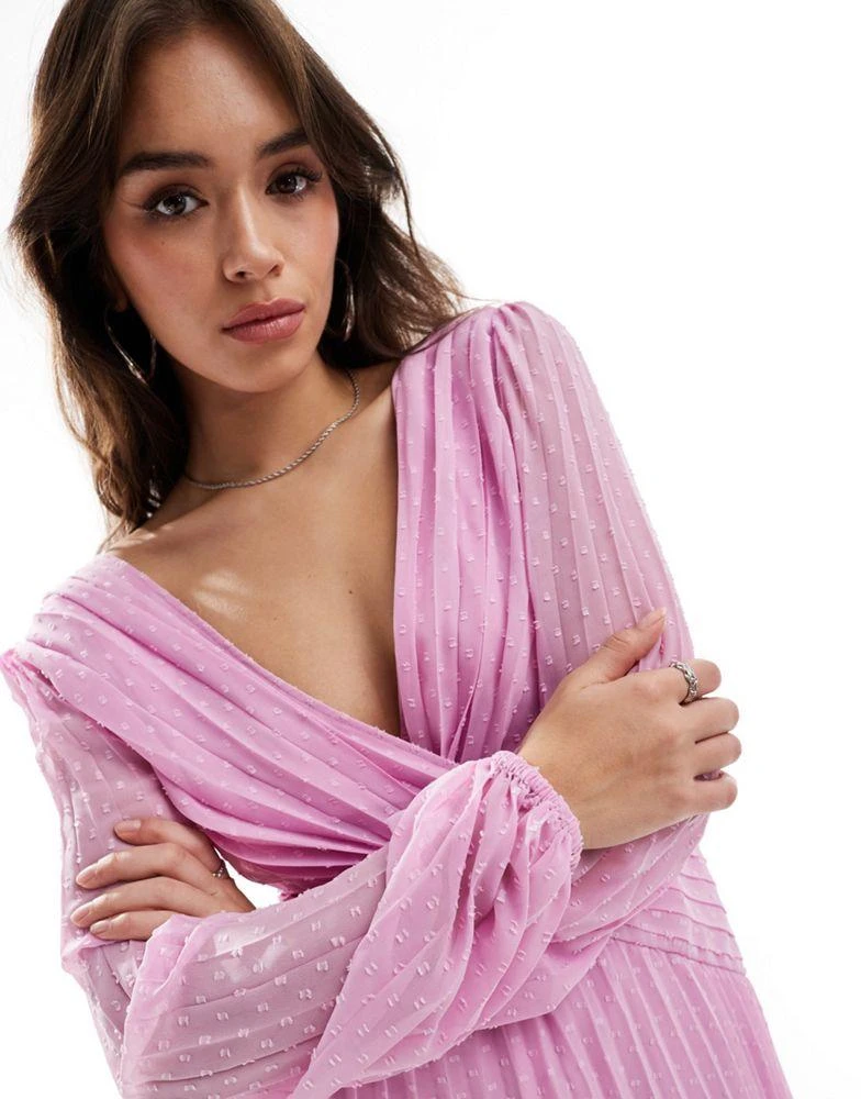 ASOS ASOS DESIGN dobby angel sleeve deep plunge wrap pleated mini dress in lilac 4