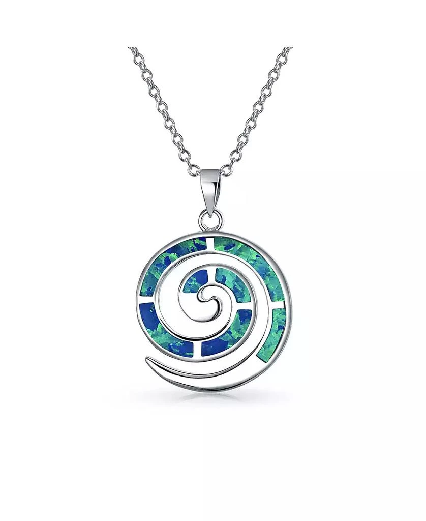 Bling Jewelry Round Blue Created Opal Inlay Spiral Maze Wind Pendant Necklace .925 Sterling Silver