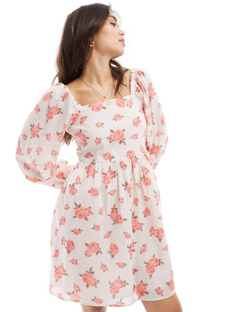 Y.A.S. Y.A.S puff sleeve floral print mini dress in pink rose print 3