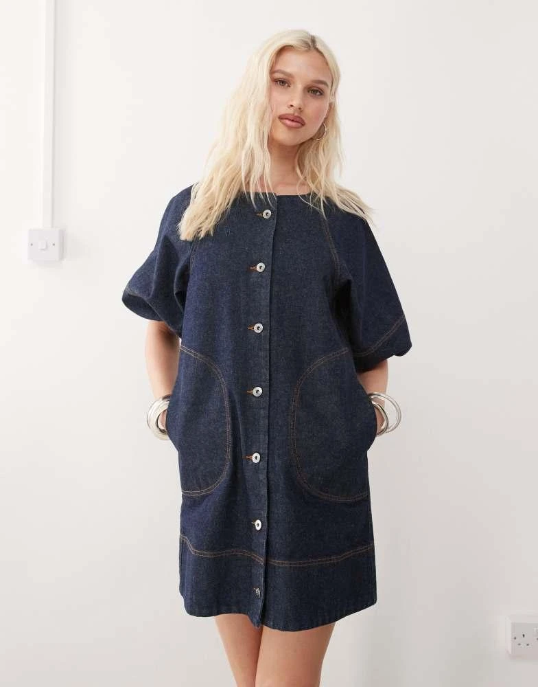 collusion denim dress COLLUSION slash neck denim mini dress in washed black