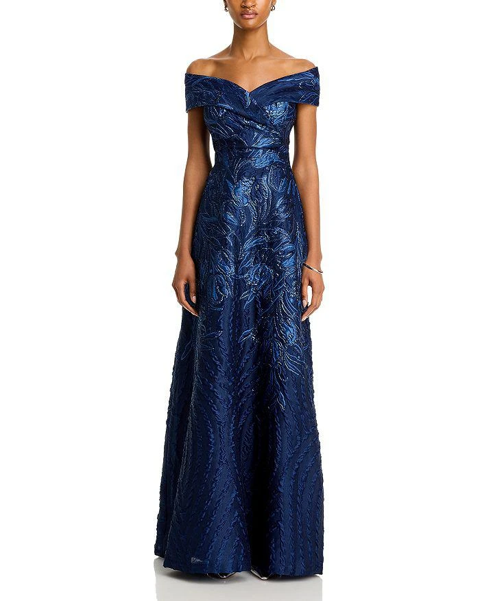 Teri Jon Off-the-Shoulder Metallic Jacquard Gown 7