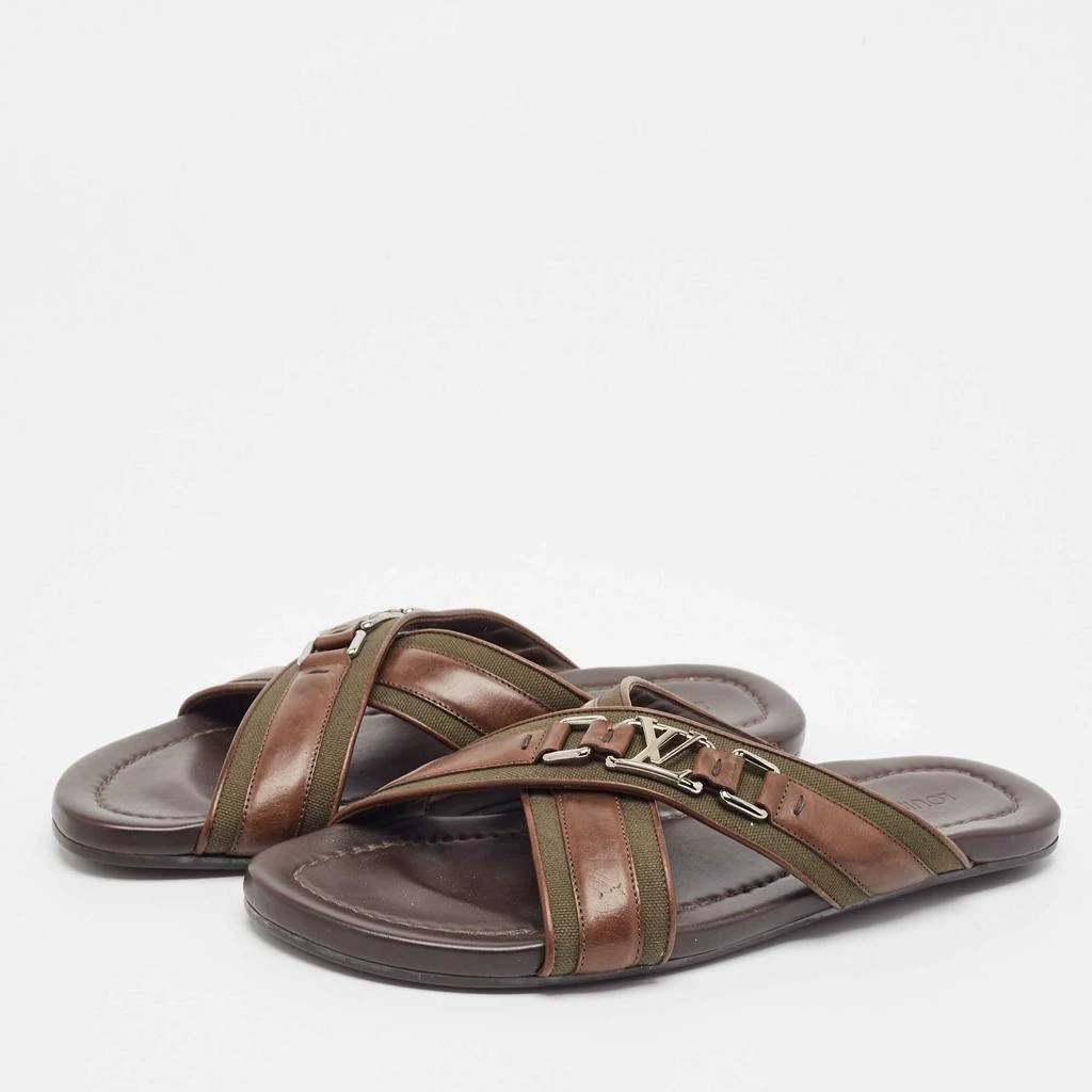 Louis Vuitton Louis Vuitton Brown/Green Leather and Canvas Flat Slides Size 42.5 2