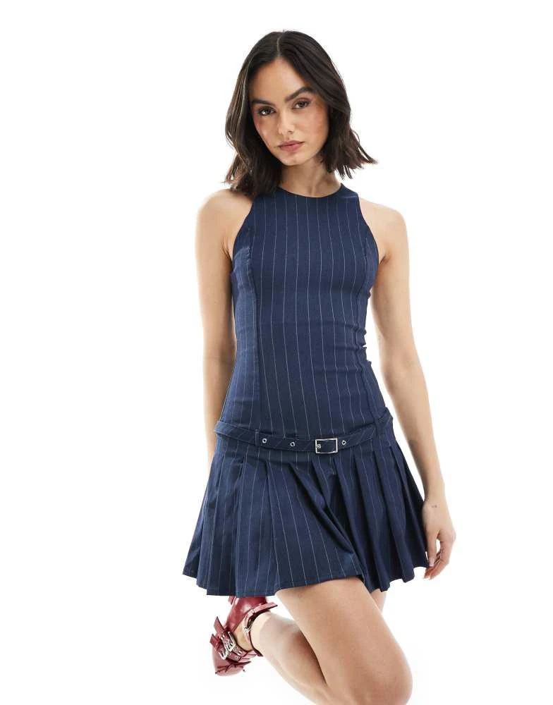 Bershka Bershka halterneck tailored mini dress in navy stripe 1