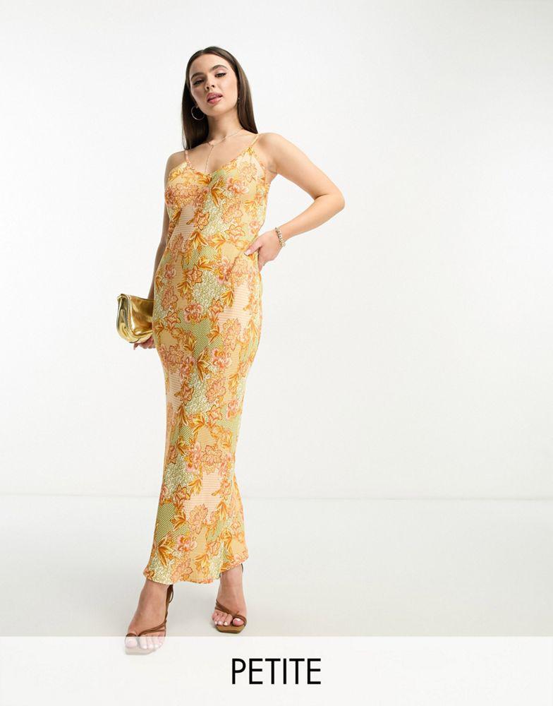 Never Fully Dressed Never Fully Dressed Petite satin slip maxi dress in lavish gold floral