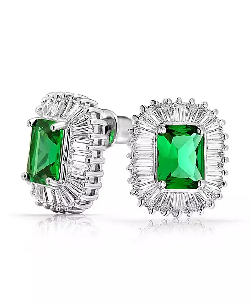 Bling Jewelry Art Deco Style Cocktail Cubic Zirconia CZ Baguette Halo Emerald Green Cut Statement Stud Earrings
