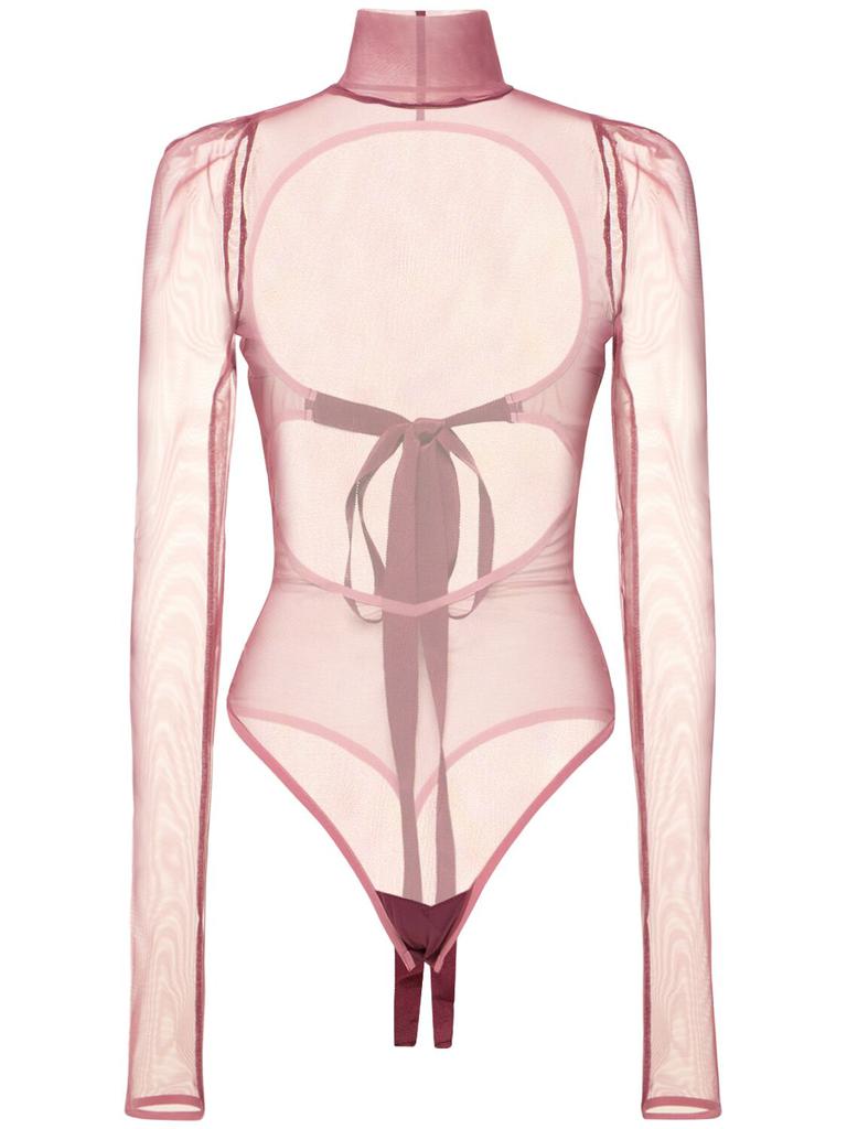 NENSI DOJAKA Turtleneck Open Back Tulle Bodysuit