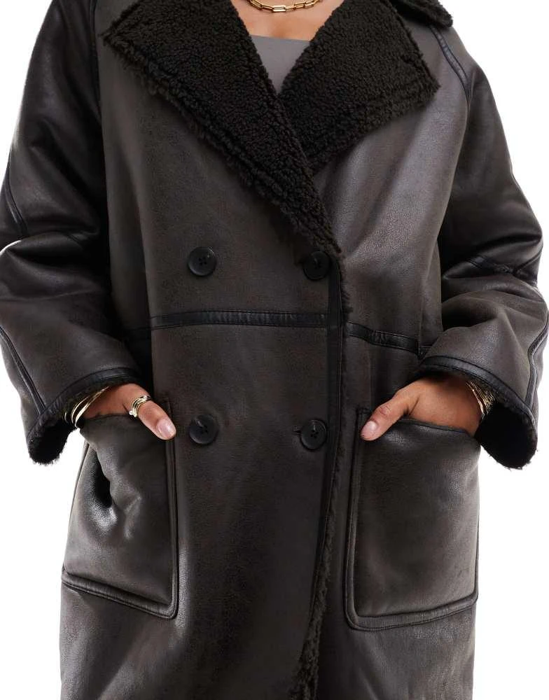 ASOS ASOS DESIGN longline shearling jacket with contrast binding in brown 4