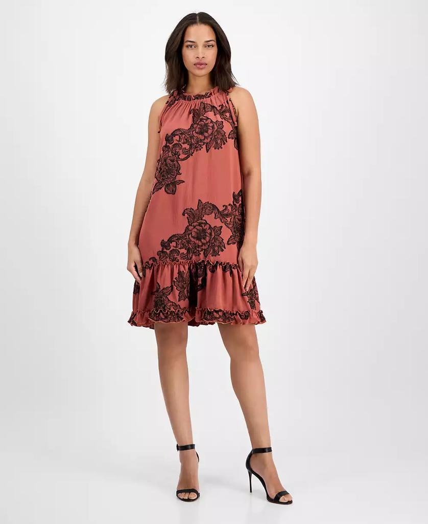 Robbie Bee Petite Printed Ruffle-Neck Shift Dress