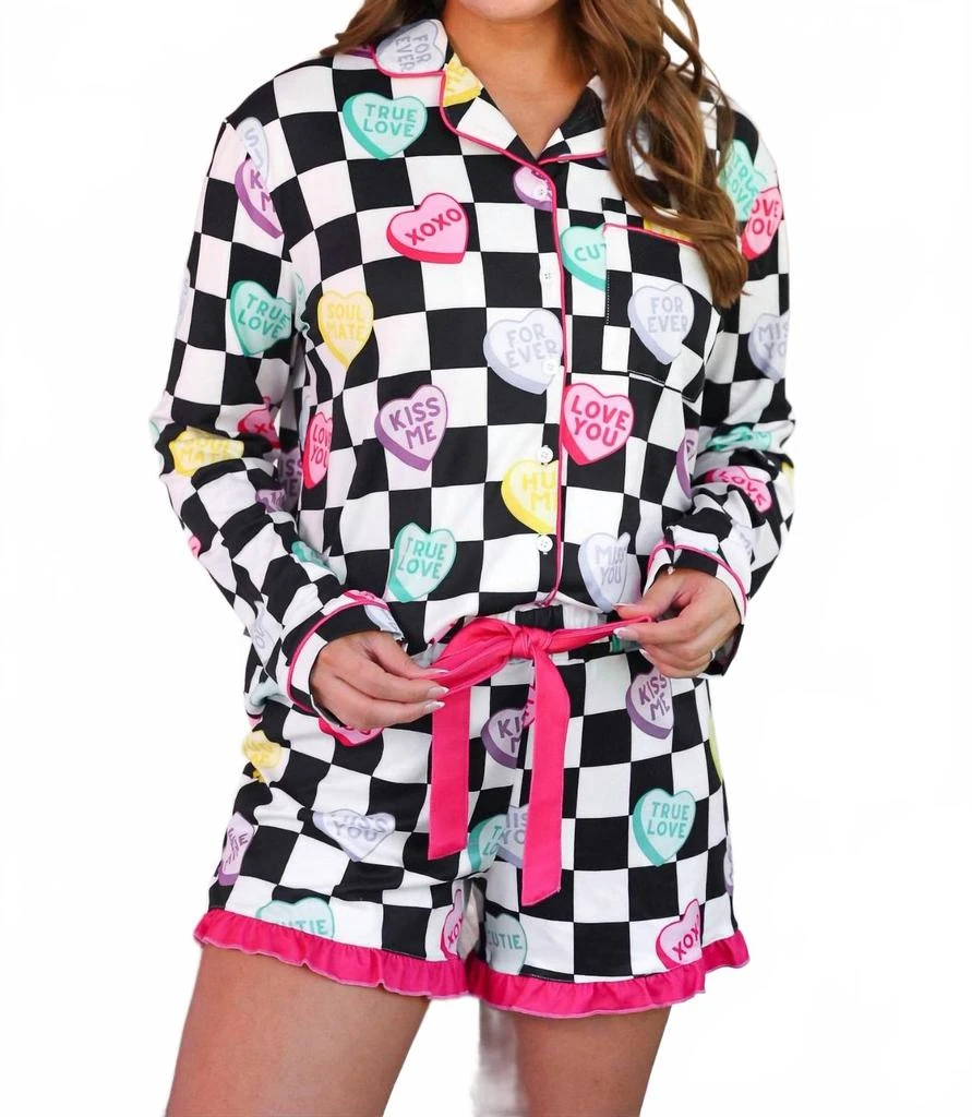 Jess Lea Checkered Conversation Hearts Ruffle Pajama Set In Multi