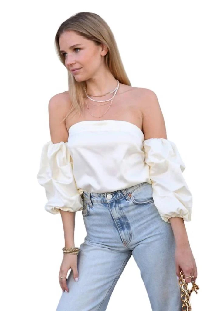 LUMIERE Off The Shoulder Satin Holiday Top In White 3
