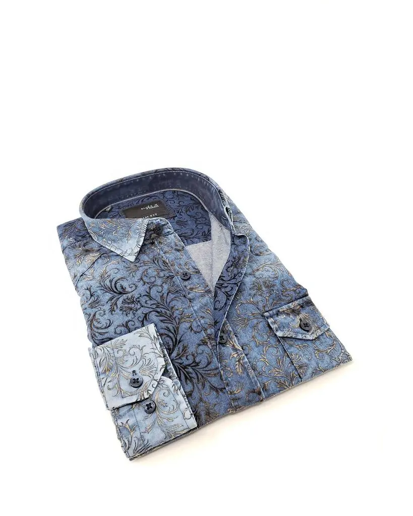 Eight X Eight X - Men's Distressed Denim Flocking Button Down Shirt