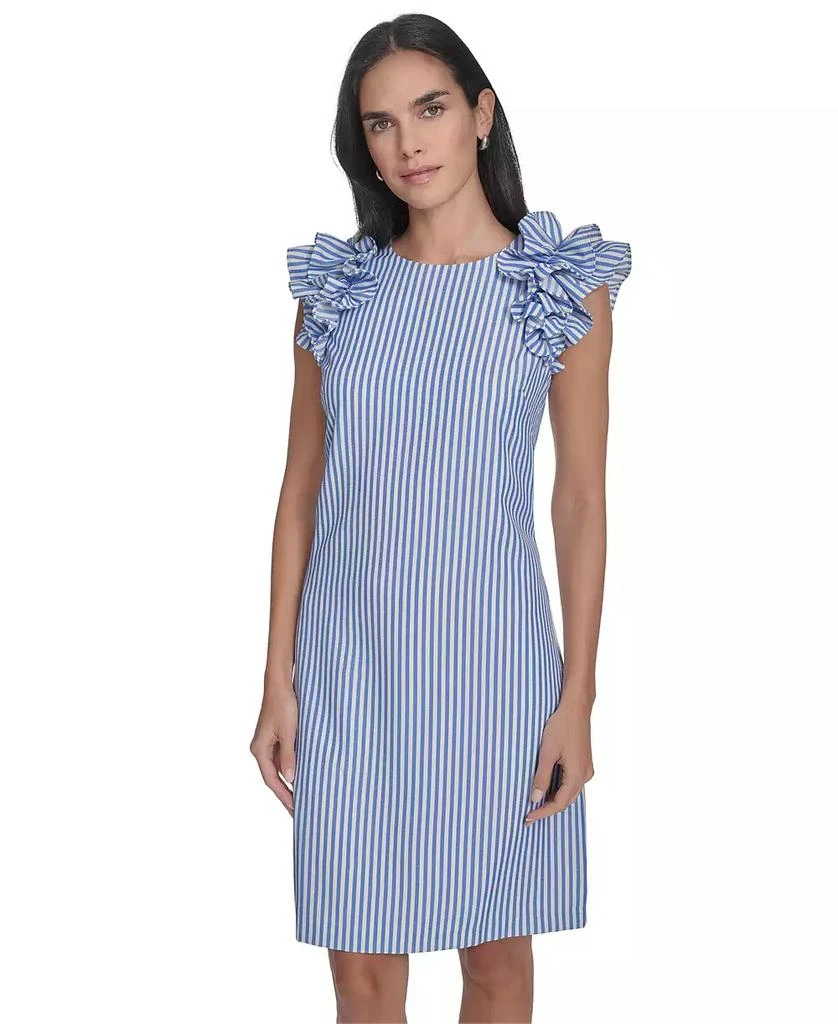 Jessica Howard Women's Ruffled Sleeveless Crewneck Sheath Dress - Blue Ivory - Size 14 Jessica Howard Women's Ruffled Sleeveless Crewneck Sheath Dress - Blue Ivory - Size 14