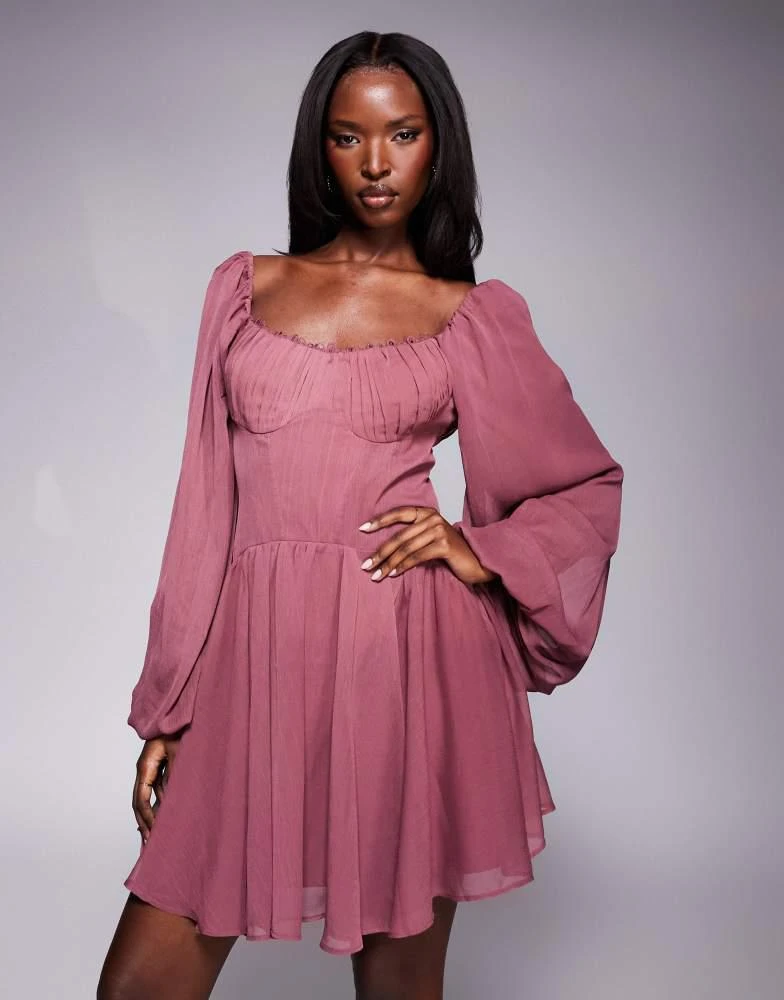ASOS ASOS DESIGN corset detail plunge ruched mini dress with cut out in mauve 4