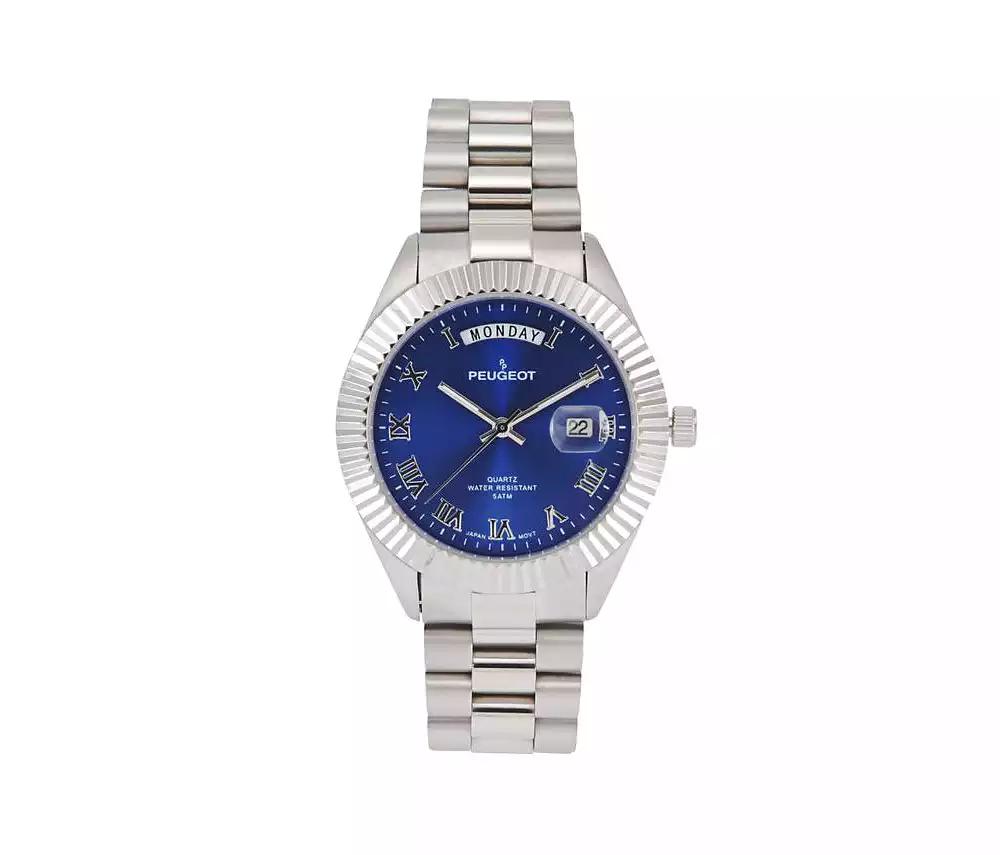 Peugeot Men's 40mm Blue Face Fluted Bezel Steel Bracelet Watch