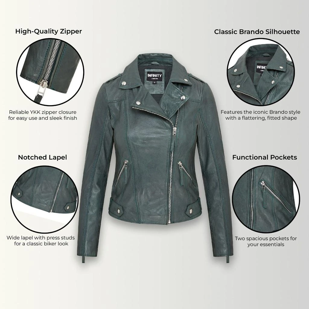 Infinity Leather Womens Green Biker Leather Jacket - Denver 2