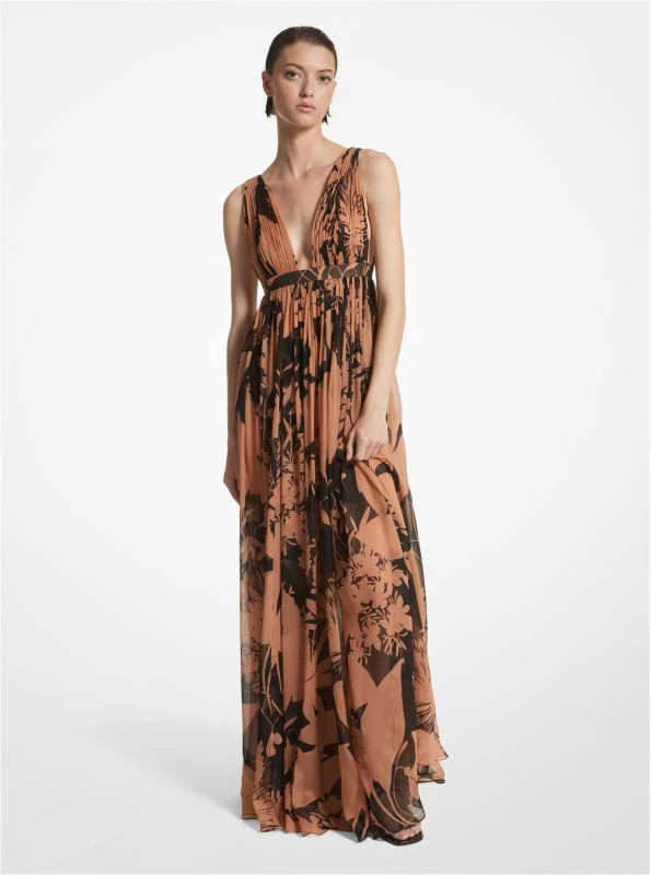 Michael Kors Shadow Floral Silk Chiffon Empire Goddess Gown 1