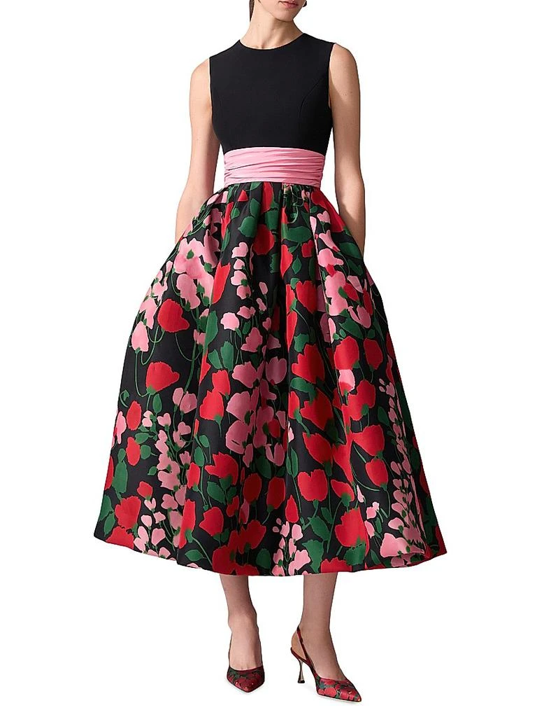 Carolina Herrera Floral Silk Two-Tone Cummerbund Waist Midi-Dress 2
