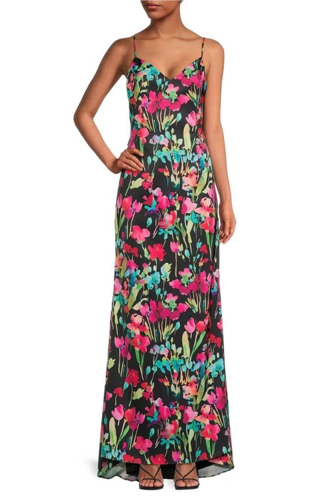 TRUEDAMES Floral Print V-Neck Spaghetti Strap Satin Gown